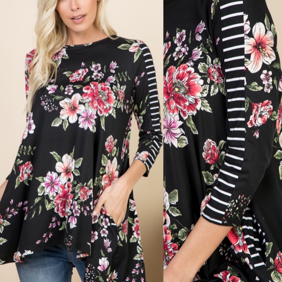 Black Floral 3/4 Sleeve Plus Soft Pocket Tunic! - Picture 2 of 16